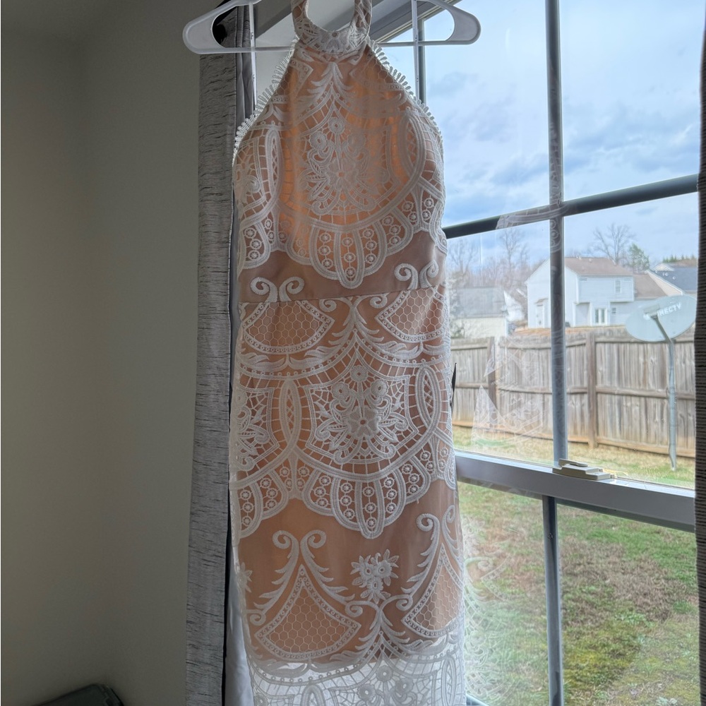 Lulu's White and Tan Lace Midi Dress